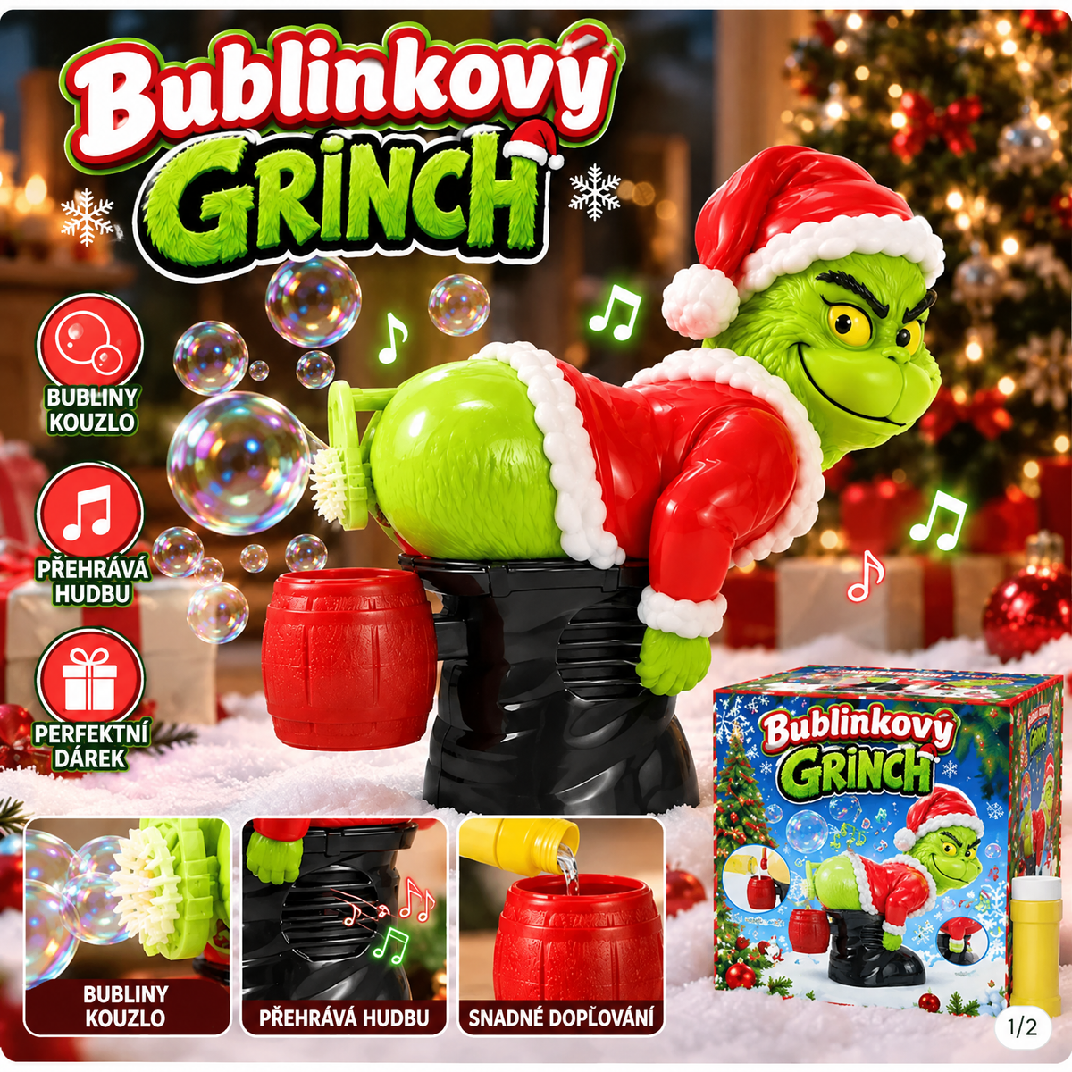 🎄 Vánoční automatický bublifuk Grinch se zvukovými efekty 🫧