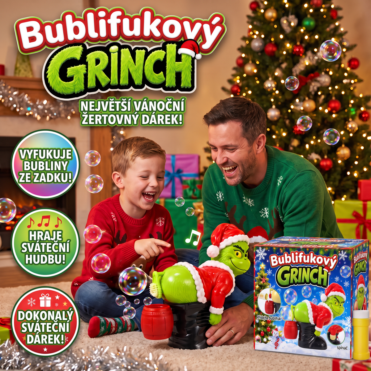 🎄 Vánoční automatický bublifuk Grinch se zvukovými efekty 🫧