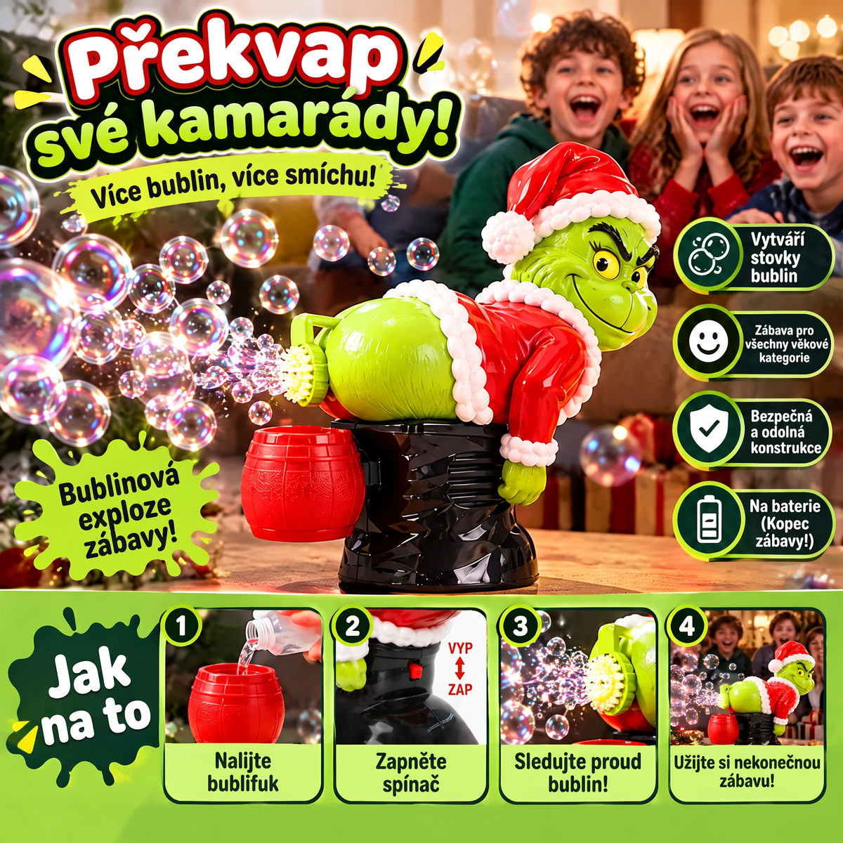 🎄 Vánoční automatický bublifuk Grinch se zvukovými efekty 🫧