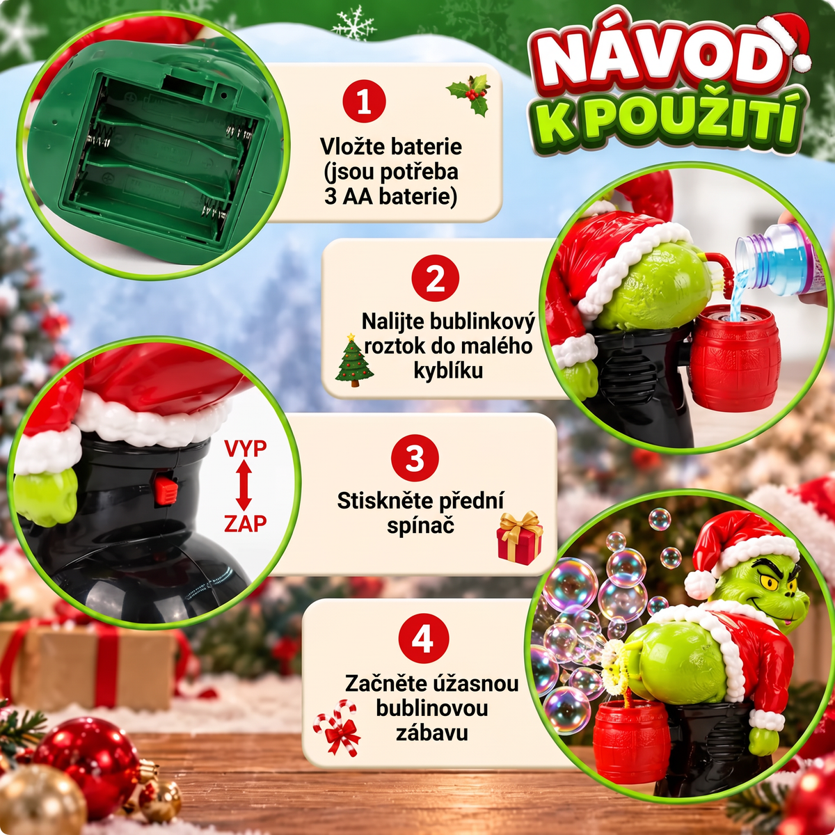 🎄 Vánoční automatický bublifuk Grinch se zvukovými efekty 🫧