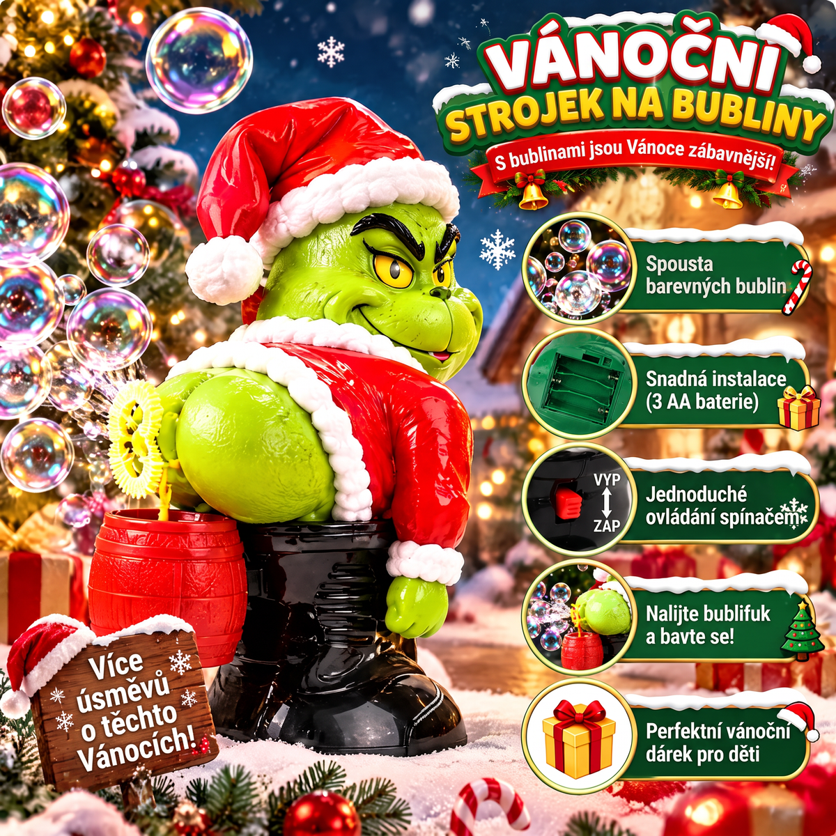 🎄 Vánoční automatický bublifuk Grinch se zvukovými efekty 🫧