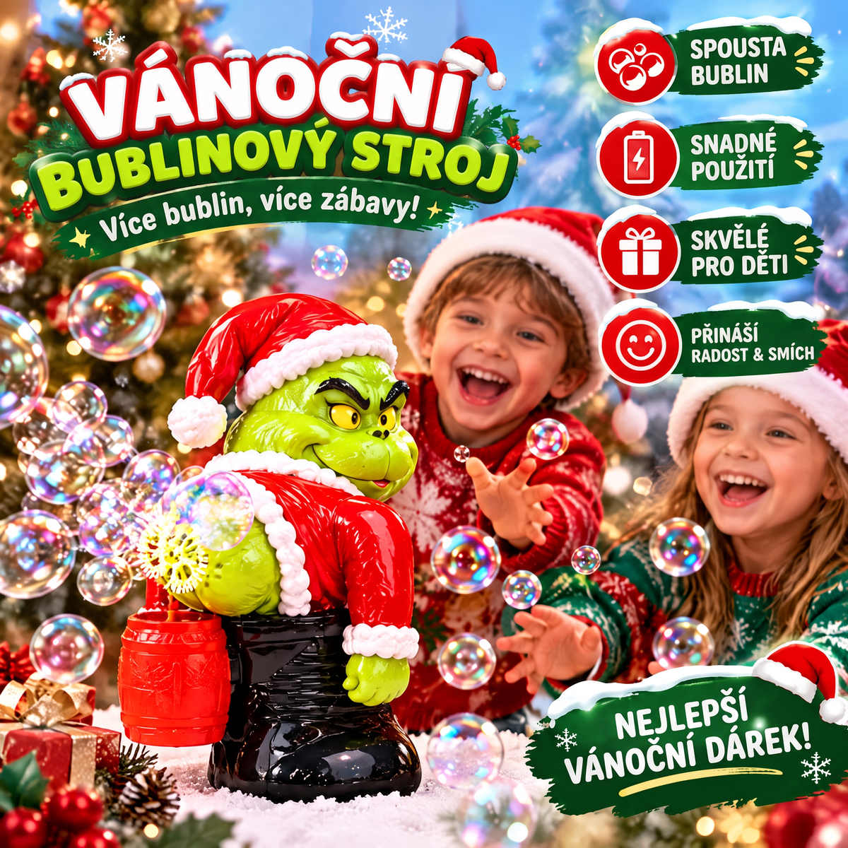 🎄 Vánoční automatický bublifuk Grinch se zvukovými efekty 🫧