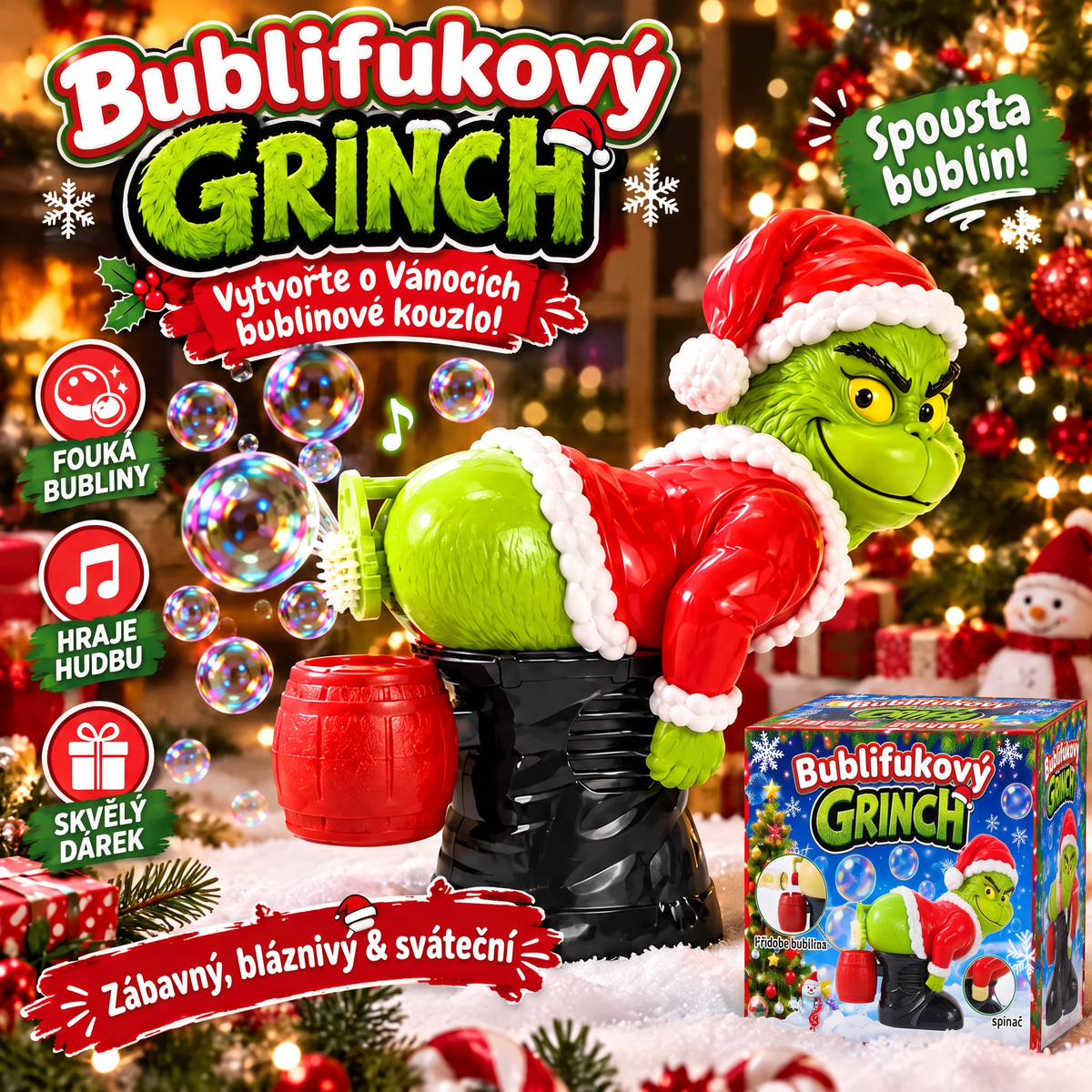 🎄 Vánoční automatický bublifuk Grinch se zvukovými efekty 🫧