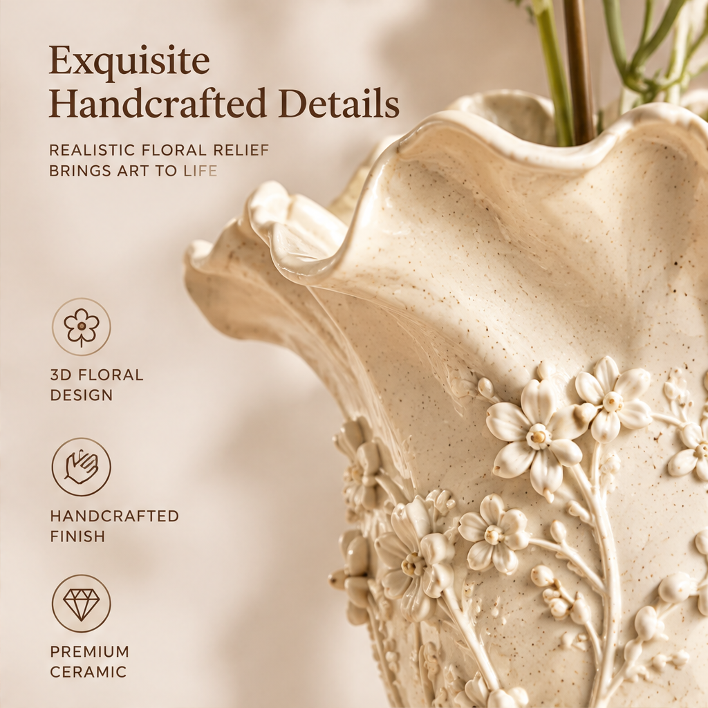 NOVALYXY 3D Floral Relief Ceramic Vase