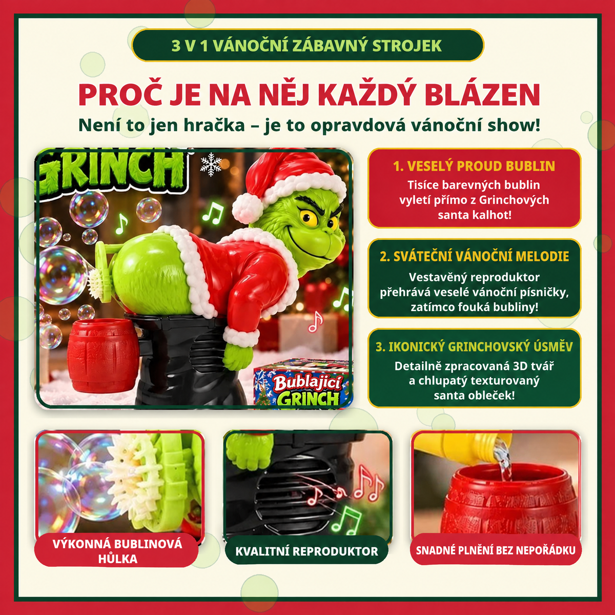 🎄 Vánoční automatický bublifuk Grinch se zvukovými efekty 🫧